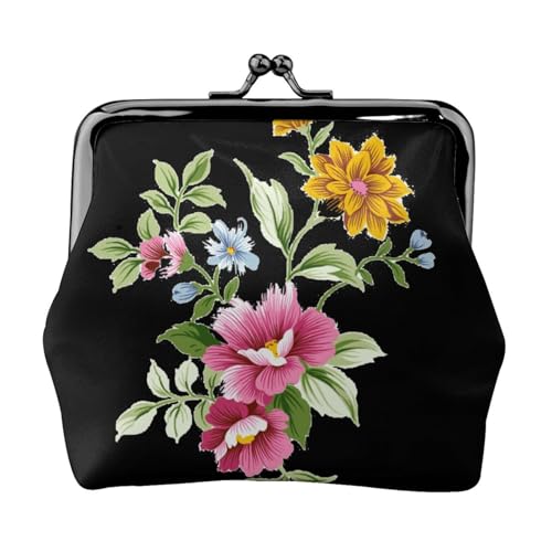 EZDLOWVBA Handbemalter Blumendruck, Doppelverschluss, Metallrahmen, Leder, Kussschloss, Kleingeldtasche, Geldbörse für Damen, mit Schlüssel, kleine Geldbörsen, Schwarz , Einheitsgröße von EZDLOWVBA