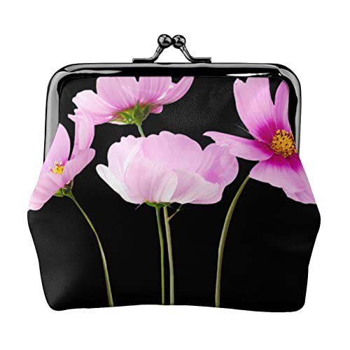 EZDLOWVBA Kleingeldtasche mit rosa Blättern und Blumen, Doppelverschluss, Metallrahmen, Leder, Kussschloss, Kleingeldtasche, Geldbörse für Damen, mit Schlüssel, kleine Geldbörsen, Schwarz von EZDLOWVBA