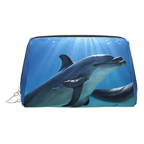 EZDLOWVBA Kosmetiktasche für Damen, Motiv: Delfine im Meer, Reißverschluss, leichte Make-up-Tasche aus Leder, silber, Einheitsgröße EZDLOWVBA Kosmetiktasche für Damen, Motiv: Delfine im Meer, Reißverschluss, leichte Make-up-Tasche aus Leder, silber, Einheitsgröße von EZDLOWVBA