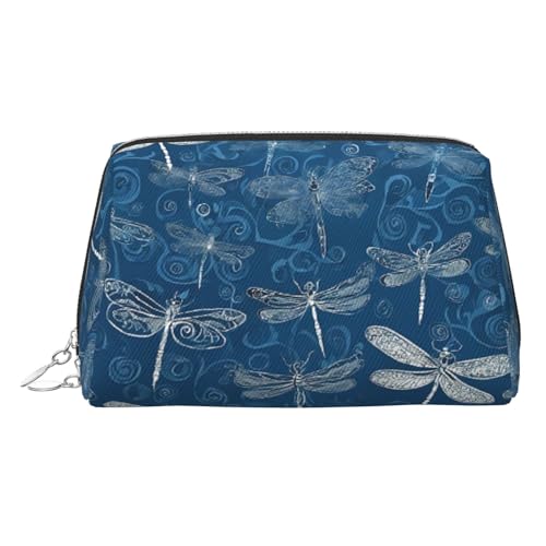 EZDLOWVBA Kosmetiktasche für Damen, mit Reißverschluss, Motiv: blaue Libellen, leichte Leder-Make-up-Tasche, silber, Einheitsgröße von EZDLOWVBA