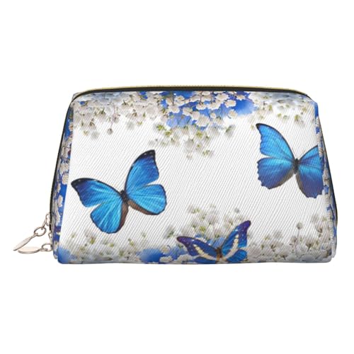 EZDLOWVBA Kosmetiktasche für Damen, mit Reißverschluss, Motiv: blaue Schmetterlinge, weiße Blumen, leichte Leder-Make-up-Tasche, gold, Einheitsgröße EZDLOWVBA Kosmetiktasche für Damen, mit Reißverschluss, Motiv: blaue Schmetterlinge, weiße Blumen, leichte Leder-Make-up-Tasche, gold, Einheitsgröße von EZDLOWVBA