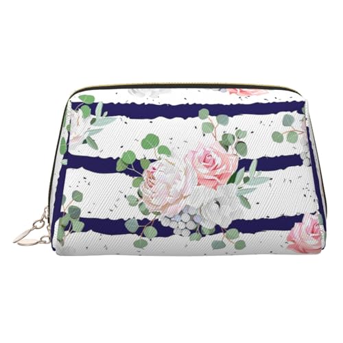 EZDLOWVBA Kosmetiktasche für Damen, mit Reißverschluss, gestreift, Motiv: Blumensträuße, leicht, Leder, Marineblau, gold, Einheitsgröße von EZDLOWVBA