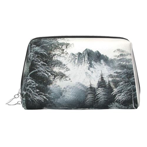 EZDLOWVBA Kosmetiktasche für Damen, mit Reißverschluss, mit Landschaftsdruck, leichte Make-up-Tasche aus Leder, silber, Einheitsgröße von EZDLOWVBA