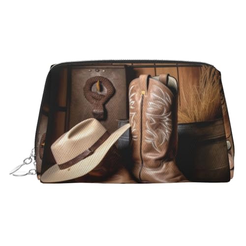 EZDLOWVBA Kosmetiktasche mit Cowboy-Motiv, schwarzer Hut, Westernstiefel, Reise-Kosmetiktasche, Organizer, Reißverschluss, Make-up-Tasche, Kulturbeutel, leichte Leder-Make-up-Tasche, silber von EZDLOWVBA