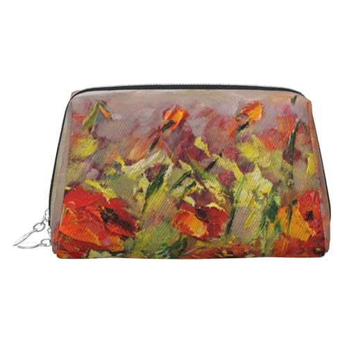 EZDLOWVBA Kosmetiktasche mit Ölgemälde, roter Blumendruck, Reise-Kosmetiktasche, Organizer, Reißverschluss, Make-up-Tasche, Kulturbeutel, leichte Leder-Make-up-Tasche, silber, Einheitsgröße von EZDLOWVBA