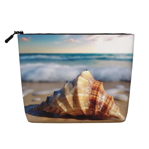EZDLOWVBA Make-up-Tasche aus künstlichem Hanf, Motiv: Meereswellen, Muschel-Druck, für Reisen und tägliche Aufbewahrung, wiederverwendbare Kosmetiktasche, Reißverschlusstasche, Make-up-Werkzeug, von EZDLOWVBA