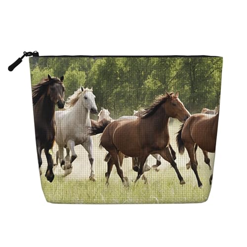 EZDLOWVBA Make-up-Tasche aus künstlichem Hanf, verschiedene Arten von Pferden, für Reisen und tägliche Aufbewahrung, wiederverwendbare Kosmetiktasche, Reißverschlusstasche, Make-up-Werkzeug, Schwarz , von EZDLOWVBA