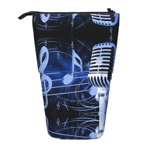 EZDLOWVBA Mikrofon mit Musiknoten Druck Schreibwaren Tasche für Jungen & Mädchen, Ständer Bleistifthalter, Reißverschluss Federmäppchen, Teleskopetui, Studenten & Büro Mittelschule von EZDLOWVBA