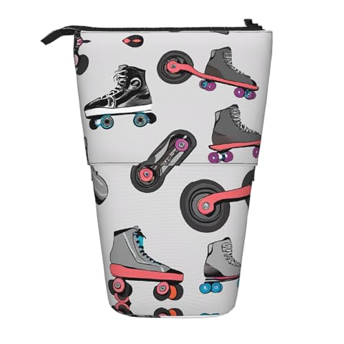 EZDLOWVBA Retro Bunte Rollschuh-Druck-Schreibwaren-Tasche für Jungen und Mädchen, Stand-Bleistifthalter, Reißverschluss-Federmäppchen, Teleskop-Etui, Studenten & Büro, Mittelschule von EZDLOWVBA