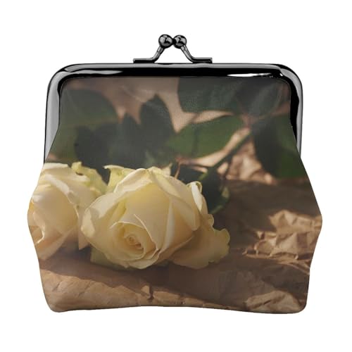 EZDLOWVBA Romantischer Rosen-Druck, Doppelverschluss, Metallrahmen, Leder, Kussschloss, Kleingeldtasche, Geldbörse für Damen, mit Schlüssel, kleine Geldbörsen, Schwarz , Einheitsgröße von EZDLOWVBA