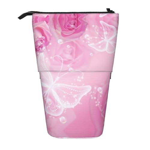 EZDLOWVBA Rosa und Weiß Schmetterling Druck Schreibwaren Tasche für Jungen & Mädchen Ständer Bleistifthalter Reißverschluss Federmäppchen Teleskopkoffer Studenten & Büro Mittelschule von EZDLOWVBA
