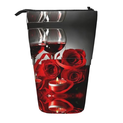 EZDLOWVBA Rotwein Rose und Kerze Druck Schreibwaren Tasche für Jungen & Mädchen, Ständer Bleistifthalter, Reißverschluss Federmäppchen, Teleskopetui, Studenten & Büro Mittelschule von EZDLOWVBA