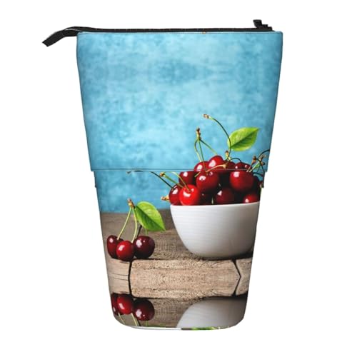EZDLOWVBA Schale Kirsche auf Holz Druck Schreibwaren Tasche für Jungen & Mädchen Ständer Bleistifthalter Reißverschluss Federmäppchen Teleskopkoffer Studenten & Büro Mittelschule von EZDLOWVBA