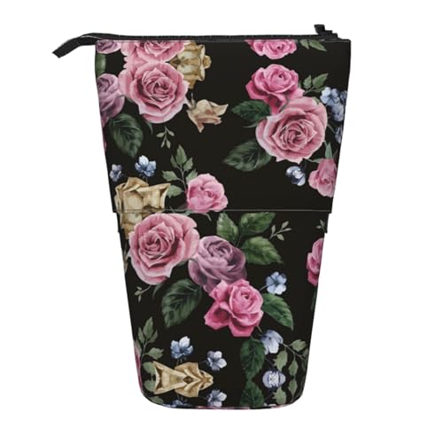 EZDLOWVBA Schwarze Blackgound Rose Print Schreibwarentasche für Jungen & Mädchen, Ständer Bleistifthalter, Reißverschluss Federmäppchen, Teleskopetui, Studenten & Büro Mittelschule von EZDLOWVBA