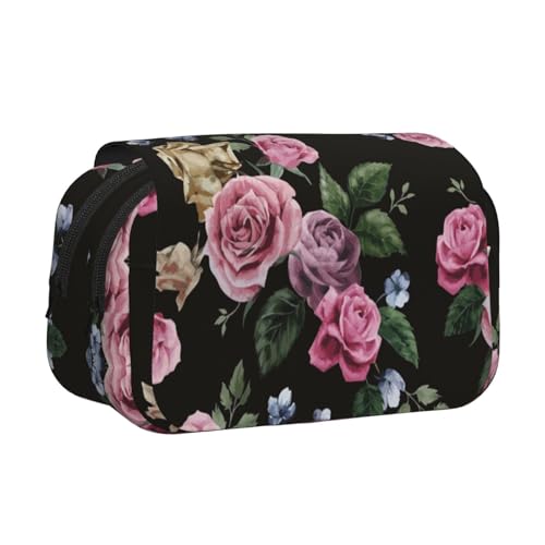 EZDLOWVBA Schwarzes Federmäppchen mit Rosenmuster, großes Fassungsvermögen, Stifteetui mit 2 Fächern, Stifthalter, Organizer, Schreibwaren-Tasche von EZDLOWVBA