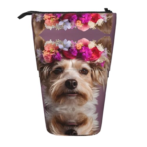 EZDLOWVBA Yorkie Blumendruck Schreibwaren Tasche für Jungen & Mädchen, Ständer Bleistifthalter, Reißverschluss Federmäppchen, Teleskopetui, Studenten & Büro Mittelschule von EZDLOWVBA
