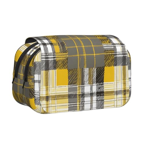 Federmäppchen mit Karomuster, großes Fassungsvermögen, Federmäppchen mit 2 Fächern, Stifthalter, Organizer, Schreibwaren-Tasche, Gelb / Grau / Schwarz von EZDLOWVBA