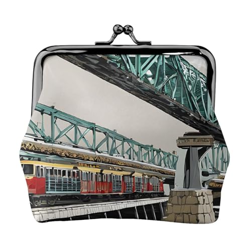 Geldbörse mit Dampfzug-Aufdruck, Doppelverschluss, Metallrahmen, Leder, Kussschloss, Kleingeldtasche, Geldbörse für Damen, mit Schlüssel, kleine Geldbörsen, Schwarz , Einheitsgröße von EZDLOWVBA