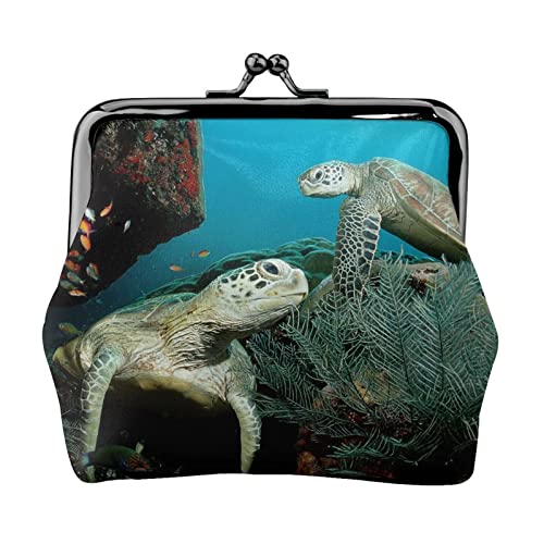 Geldbörse mit Meeresschildkröten-Druck, Doppelverschluss, Metallrahmen, Leder, Kussschloss, Kleingeldtasche, Geldbörse für Damen, mit Schlüssel, kleine Geldbörsen, Schwarz , Einheitsgröße von EZDLOWVBA