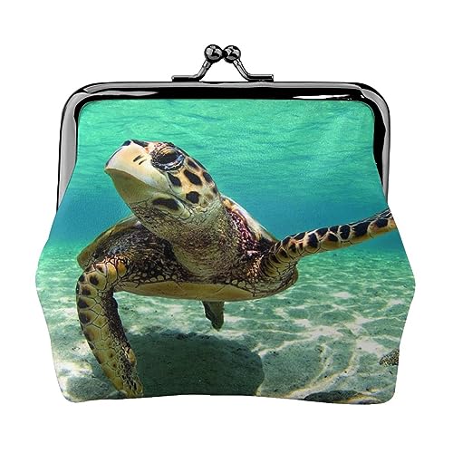 Geldbörse mit Meeresschildkröten-Druck, Doppelverschluss, Metallrahmen, Leder, Kussschloss, Kleingeldtasche, Geldbörse für Damen, mit Schlüssel, kleine Geldbörsen, Schwarz , Einheitsgröße von EZDLOWVBA