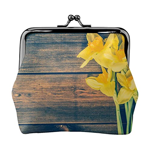 Geldbörse mit Narzissen-Motiv, Doppelverschluss, Metallrahmen, Leder, Kussschloss, Kleingeldtasche, Geldbörse für Damen, mit Schlüssel, kleine Geldbörsen, Schwarz , Einheitsgröße von EZDLOWVBA