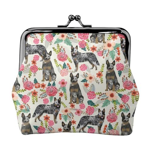 Geldbörse mit Rinderhund, Blumendruck, Doppelverschluss, Metallrahmen, Leder, Kussschloss, Kleingeldtasche, Geldbörse für Damen, mit Schlüssel, kleine Geldbörsen, Schwarz , Einheitsgröße von EZDLOWVBA
