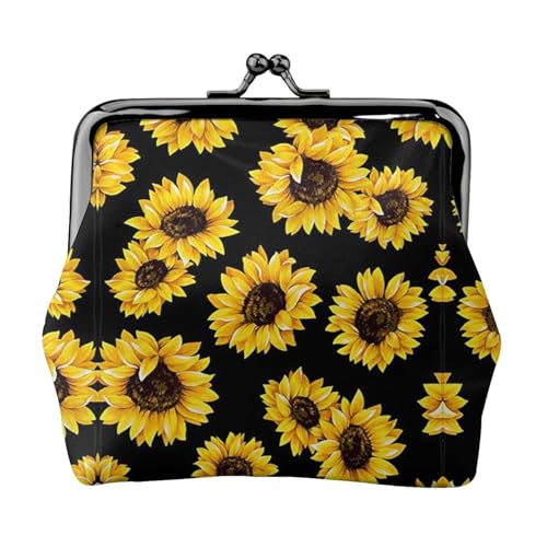 Geldbörse mit Sonnenblumen-Druck, Doppelverschluss, Metallrahmen, Leder, Kussschloss, Kleingeldtasche, Geldbörse für Damen, mit Schlüssel, kleine Geldbörsen, Schwarz , Einheitsgröße von EZDLOWVBA