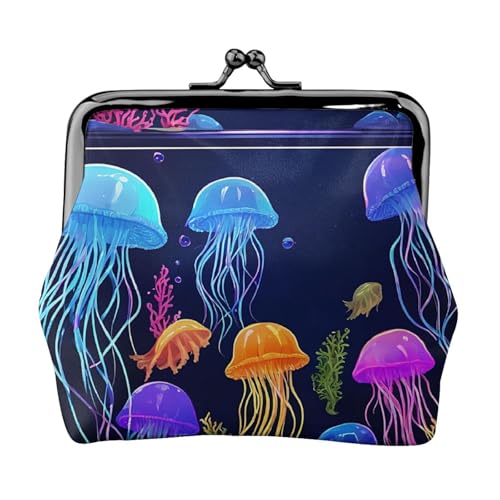 Geldbörse mit farbigen Quallen, Doppelverschluss, Metallrahmen, Leder, Kussschloss, Kleingeldtasche, Geldbörse für Damen, mit Schlüssel, kleine Geldbörsen, Schwarz , Einheitsgröße von EZDLOWVBA