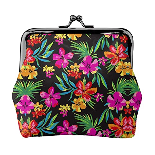 Geldbörse mit hawaiianischem Blumendruck, Doppelverschluss, Metallrahmen, Leder, Kussschloss, Kleingeldtasche, Geldbörse für Damen, mit Schlüssel, kleine Geldbörsen, Schwarz , Einheitsgröße von EZDLOWVBA