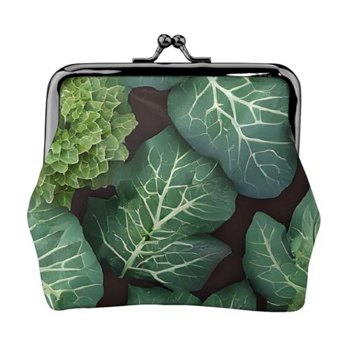 Grüner Sukkulenten-Druck, Doppelverschluss, Metallrahmen, Leder, Kussschloss, Kleingeldtasche, Geldbörse für Damen, mit Schlüssel, kleine Geldbörsen, Schwarz , Einheitsgröße von EZDLOWVBA