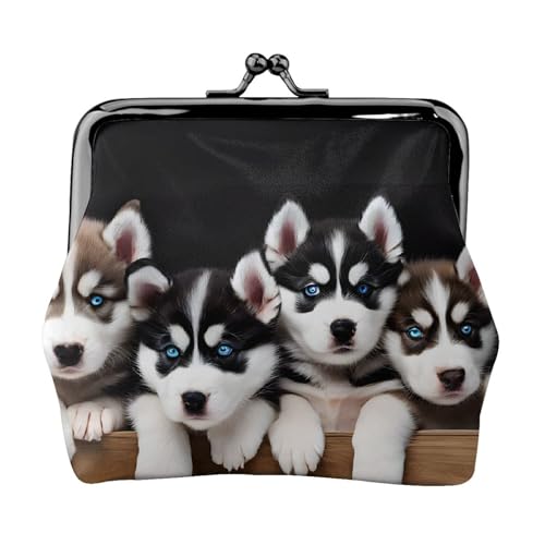 Husky Puppies Hunde-Aufdruck, Doppelverschluss, Metallrahmen, Leder, Kussschloss, Kleingeldtasche, Geldbörse für Frauen mit Schlüssel, kleine Geldbörsen, Schwarz , Einheitsgröße von EZDLOWVBA
