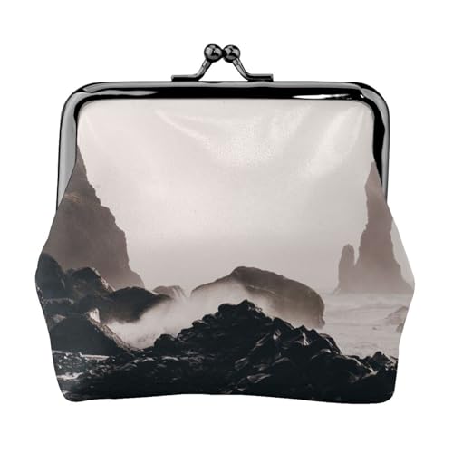 Island-Druck, Doppelverschluss, Metallrahmen, Leder, Kussschloss, Kleingeldtasche, Geldbörse für Damen, mit Schlüssel, kleine Geldbörsen, Schwarz , Einheitsgröße von EZDLOWVBA