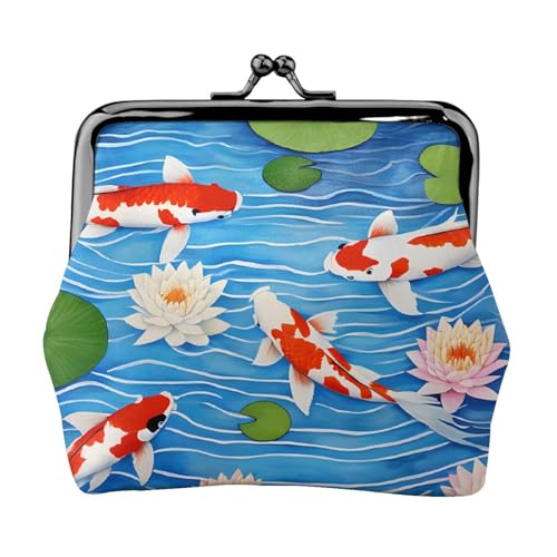 Japanischer Fischdruck, Doppelverschluss, Metallrahmen, Leder, Kussschloss, Kleingeldtasche, Geldbörse für Damen, mit Schlüssel, kleine Geldbörsen, Schwarz , Einheitsgröße von EZDLOWVBA