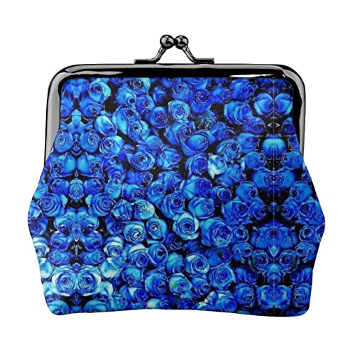 Kleingeldtasche mit blauem Rosen-Druck, Doppelverschluss, Metallrahmen, Leder, Kussschloss, Kleingeldtasche, Geldbörse für Damen, mit Schlüssel, kleine Geldbörsen, Schwarz , Einheitsgröße von EZDLOWVBA