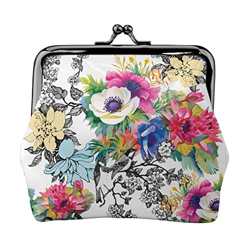Lebendiger bunter Gartendruck, Doppelverschluss, Metallrahmen, Leder, Kussschloss, Kleingeldtasche, Geldbörse für Damen, mit Schlüssel, kleine Geldbörsen, Schwarz , Einheitsgröße von EZDLOWVBA