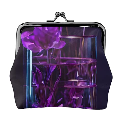Lila Blumendruck Doppelverschluss Metallrahmen Leder Kiss Lock Kleingeldtasche Geldbörse für Frauen mit Schlüssel, kleine Geldbörsen, Schwarz , Einheitsgröße von EZDLOWVBA