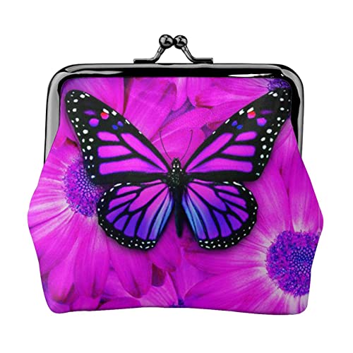 Lila Schmetterling und Blumendruck, Doppelverschluss, Metallrahmen, Leder, Kussschloss, Kleingeldtasche, Geldbörse für Damen, mit Schlüssel, kleine Geldbörsen, Schwarz , Einheitsgröße von EZDLOWVBA