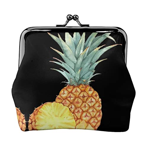 Lustiger Ananas-Druck, Doppelverschluss, Metallrahmen, Leder, Kussschloss, Kleingeldtasche, Geldbörse für Damen, mit Schlüssel, kleine Geldbörsen, Schwarz , Einheitsgröße von EZDLOWVBA