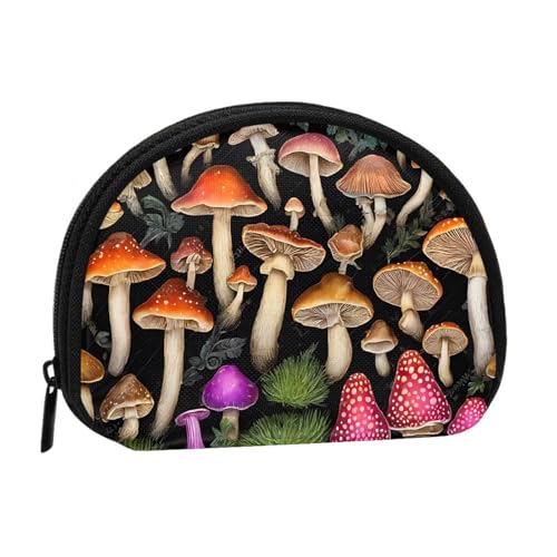 Mini-Münzgeldbörse mit Pilzdruck und Reißverschluss, kleine Geldbörse für Damen und Herren, kompakter Reisegeldorganisator, Schwarz , Einheitsgröße von EZDLOWVBA