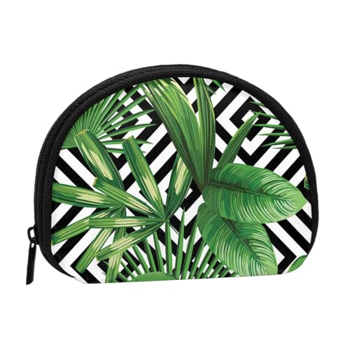 Mini-Münzgeldbörse mit tropischem Blätterdruck und Reißverschluss, kleine Geldbörse für Damen und Herren, kompakter Reisegeldorganisator, Schwarz , Einheitsgröße von EZDLOWVBA