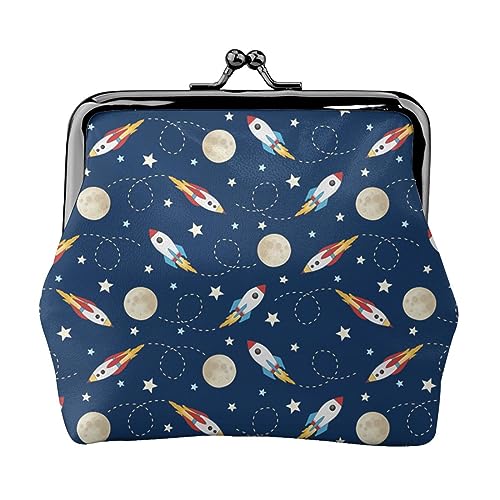 Rocket in Space Print Doppelverschluss Metallrahmen Leder Kiss Lock Kleingeldtasche Geldbörse für Frauen mit Schlüssel, kleine Geldbörsen, Schwarz , Einheitsgröße von EZDLOWVBA