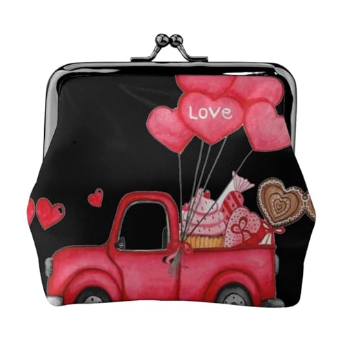 Romantischer LKW-Herzballon-Druck, Doppelverschluss, Metallrahmen, Leder, Kussschloss, Kleingeldtasche, Geldbörse für Damen, mit Schlüssel, kleine Geldbörsen, Schwarz , Einheitsgröße von EZDLOWVBA