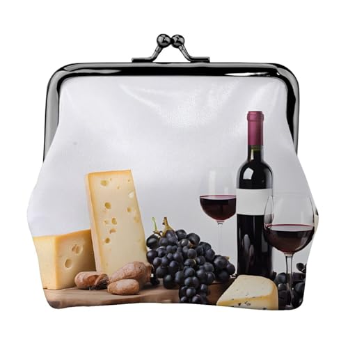 Rotweingalsse und Trauben mit Holzdruck, Doppelverschluss, Metallrahmen, Leder, Kussschloss, Kleingeldtasche, Geldbörse für Damen, mit Schlüssel, kleine Geldbörsen, Schwarz , Einheitsgröße von EZDLOWVBA