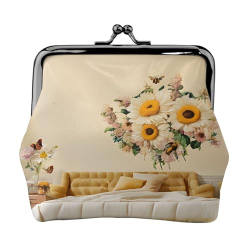 Rural Bees Wildblumen-Druck, Doppelverschluss, Metallrahmen, Leder, Kussschloss, Kleingeldtasche, Geldbörse für Damen, mit Schlüssel, kleine Geldbörsen, Schwarz , Einheitsgröße von EZDLOWVBA
