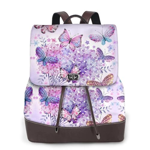 Schöner lila Schmetterling Kunstdruck Frauen Rucksack Wasserdicht Anti-Diebstahl Leicht PU Mode Leder Nylon Schule Schultertasche Reiserucksack, Schwarz , Einheitsgröße von EZDLOWVBA