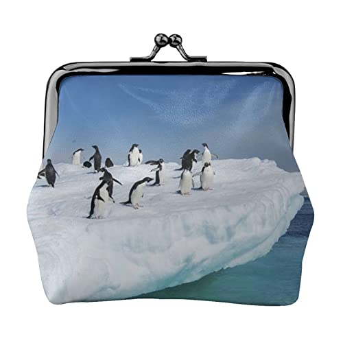 Snow Mountain Pinguin-Druck Doppelverschluss Metallrahmen Leder Kussschloss Kleingeldtasche Geldbörse für Frauen mit Schlüssel, kleine Geldbörsen, Schwarz , Einheitsgröße von EZDLOWVBA