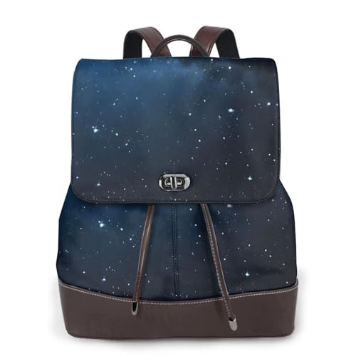 Starry Night Deep Outer Space Print Damen Rucksack Wasserdicht Anti-Diebstahl Leicht PU Mode Leder Nylon Schule Schultertasche Reiserucksack, Schwarz , Einheitsgröße von EZDLOWVBA