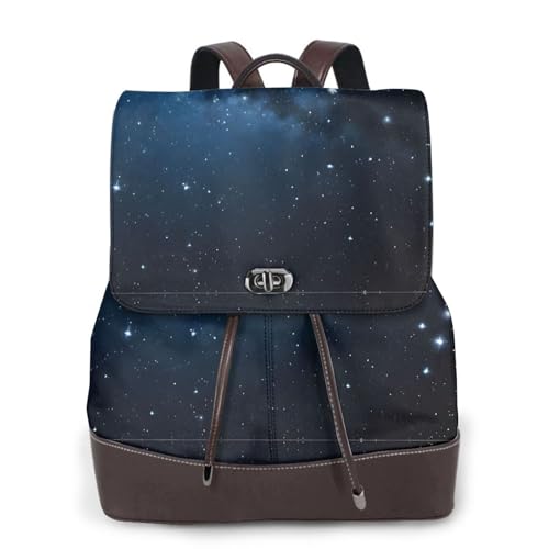 Starry Night Deep Outer Space Print Damen Rucksack Wasserdicht Anti-Diebstahl Leicht PU Mode Leder Nylon Schule Schultertasche Reiserucksack, Schwarz , Einheitsgröße von EZDLOWVBA