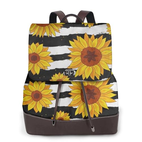Stilvoller Sonnenblumen-Druck, Damen-Rucksack, wasserdicht, Diebstahlschutz, leicht, PU-Leder, Nylon, Schultasche, Schultertasche, Reiserucksack, Schwarz , Einheitsgröße von EZDLOWVBA