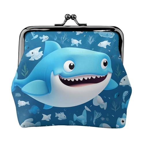 Süßer blauer Fischdruck Doppelverschluss Metallrahmen Leder Kussschloss Kleingeldtasche Geldbörse für Frauen mit Schlüssel, kleine Geldbörsen, Schwarz , Einheitsgröße von EZDLOWVBA